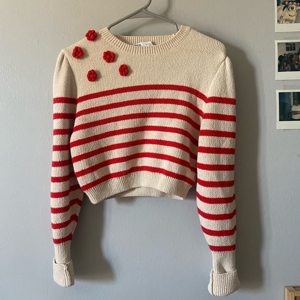 Zara Cropped Red Striped Flower Rose Long Sleeved Shirt